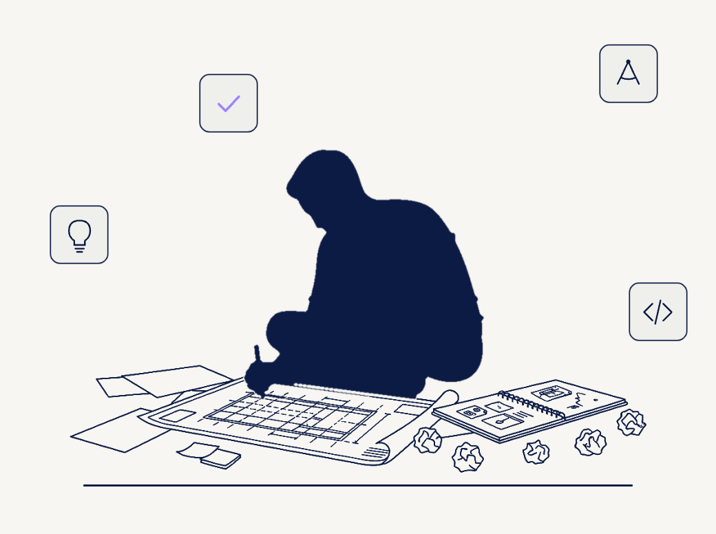 Ilustración de una persona trabajando en el suelo rodeada de papeles